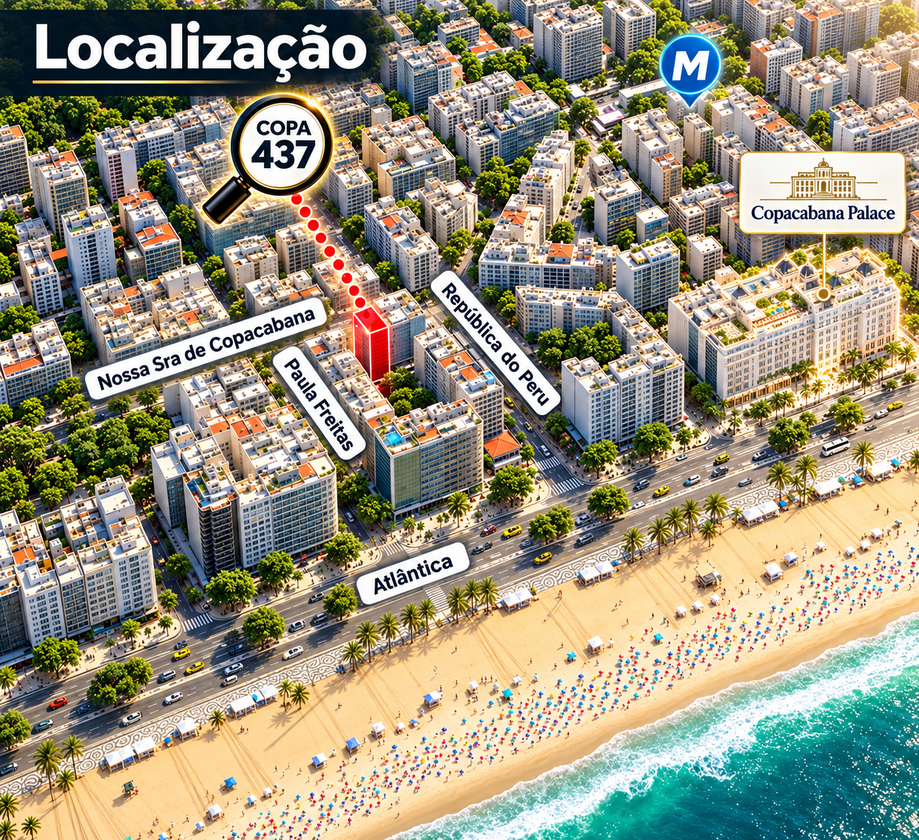 Vista aérea da localização do COPA 437, com indicação das ruas, praia e metrô